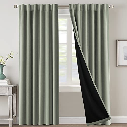 100% Blackout Curtains for Bedroom with Black Liner Full Room Darkening Curtains 96 Inches Long Thermal Insulated Back Tab/Rod Pocket Window Treatment Drapes for Living Room, Sage, 2 Panels