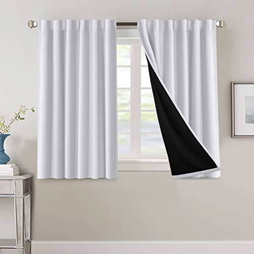 100% Blackout Curtains for Bedroom with Black Liner Full Room Darkening Curtains 45 Inches Long Thermal Insulated Back Tab/Rod Pocket Window Treatment Drapes for Living Room, Bleached White, 2 Panels