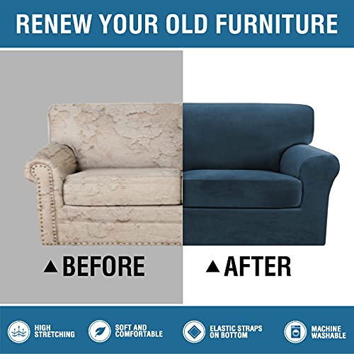 Thick Striped Velvet 3 Piece Stretch Sofa Covers Couch Covers for 2 Cushion Couch Sofa Slipcovers (Base Cover Plus 2 Large Cushion Covers) Feature Soft Stay in Place(2 Cushion: 72"-88", Navy)