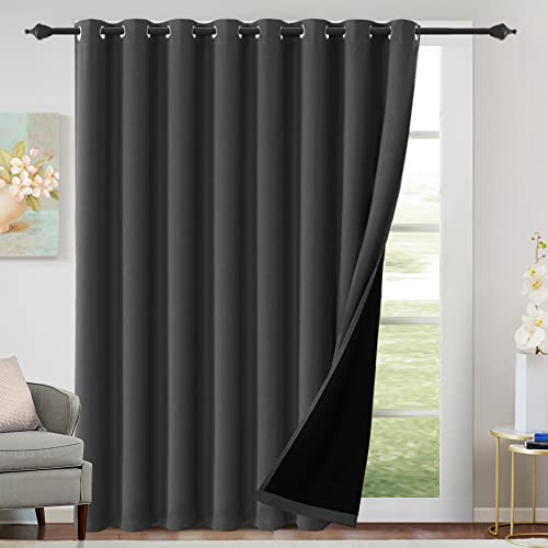 H.VERSAILTEX 100% Blackout Patio Curtains Thermal Insulated Curtains for Sliding Door Extra Wide Window Panels Full Light Blocking Grommet Curtains with Black Liner, W100 x L84 inch - Charcoal Gray