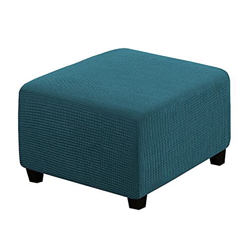 H.VERSAILTEX Square Ottoman Covers Ottoman Slipcovers Folding Storage Stool Furniture Protector Form Fit with Elastic Bottom, Stretch High Spandex Small Checks Jacquard Fabric(Medium,Deep Teal)