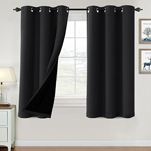 100% Blackout Curtains for Bedroom Thermal Insulated Blackout Curtains 63 inch Length Heat and Full Light Blocking Curtains Window Drapes for Living Room with Black Liner 2 Panels Set, Jet Black