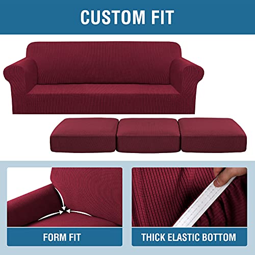 H.VERSAILTEX 4 Piece Stretch Sofa Covers for 3 Cushion Couch Covers for Living Room Furniture Slipcovers (Base Cover Plus 3 Seat Cushion Covers) Upgraded Thicker Jacquard Fabric (XL Sofa, Burgundy)