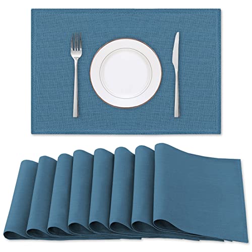 H.VERSAILTEX Linen Placemats Set of 8 Premium Solid Table Placemats for Dining Table Spill-Proof Waterproof Table Mats Heat-Resistant Kitchen Table Mats Washable, 12x18 inches, Ink Blue