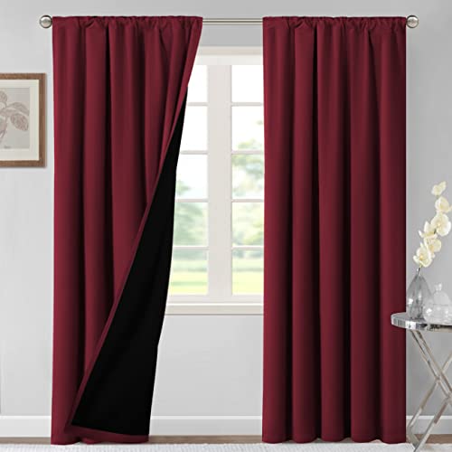 H.VERSAILTEX 100% Blackout Curtains for Bedroom Thermal Insulated Curtains & Drapes Blackout Curtains 84 Inches Long Rod Pocket Curtains for Living Room with Black Liner 2 Panels Set, Burgundy