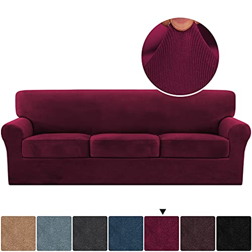 Thick Striped Velvet 4 Piece Stretch Sofa Covers Couch Covers for 3 Cushion Couch Sofa Slipcovers (Base Cover Plus 3 Large Cushion Covers) Feature Soft Stay in Place(3 Cushion: 96"-116", Burgundy)