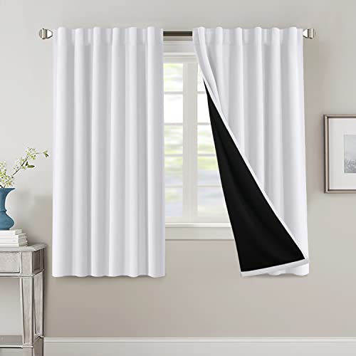 100% Blackout Curtains for Bedroom with Black Liner Full Room Darkening Curtains 63 Inches Long Thermal Insulated Back Tab/Rod Pocket Window Treatment Drapes for Living Room, Pure White, 2 Panels