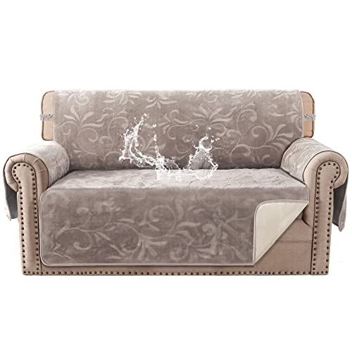 Sofa Slipcover 100% Waterproof Sofa Cover Couch Cover Premium Velvet Classic Flower Pattern Furniture Protector Non Slip with Elastic Straps for Pets Dogs Width Up to 52 Inch (Medium Sofa, Taupe)