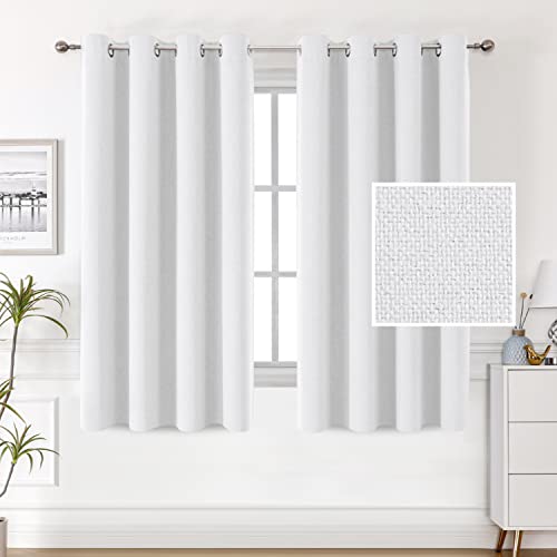 100% Blackout Linen Curtains 63 inches Long Thermal Curtains for Living Room Textured Burlap Curtains with Double Face Linen Grommet Soundproof Bedroom Curtains 52 x 63 Inch, 2 Panels - White