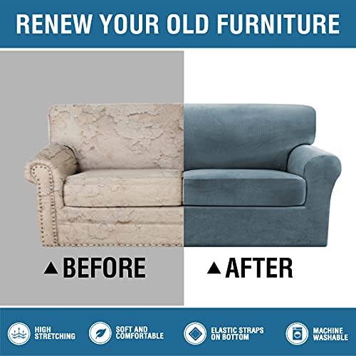 Thick Striped Velvet 3 Piece Stretch Sofa Covers Couch Covers for 2 Cushion Couch Sofa Slipcovers (Base Cover Plus 2 Large Cushion Covers) Feature Soft Stay in Place(2 Cushion: 72"-88", Stone Blue)