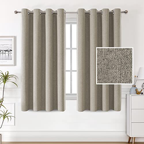 100% Blackout Linen Curtains 63 inches Long Thermal Curtains for Living Room Textured Burlap Curtains with Double Face Linen Grommet Soundproof Bedroom Curtains 52 x 63 Inch, 2 Panels - Taupe