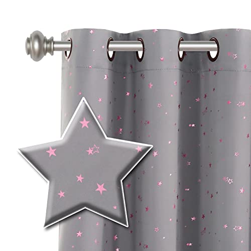 Blackout Star Curtains for Kids Room Boys Girls Twinkle Stars Thermal Insulated Cute Thick Soft Curtain Drapes, Grommet Top, 1 Panel, 52" W x 84" L, Grey/Pink
