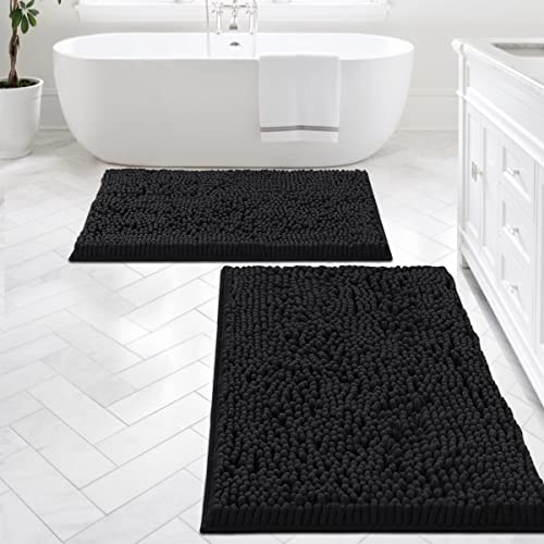 Bathroom Rugs Bath Mats for Bathroom Non Slip Luxury Chenille Bathroom Rugs Extra Soft Absorbent Shaggy Bathroom Mat Rugs Washable Fast Dry Bathroom Rugs Sets 2 Piece (Black, 24" x 36"/20" x 32")