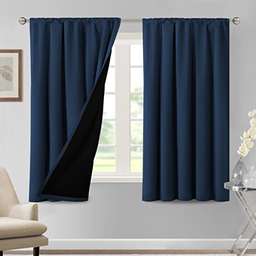 H.VERSAILTEX 100% Blackout Curtains for Bedroom Thermal Insulated Curtains & Drapes Blackout Curtains 63 Inches Long Rod Pocket Curtains for Living Room with Black Liner 2 Panels Set, Navy