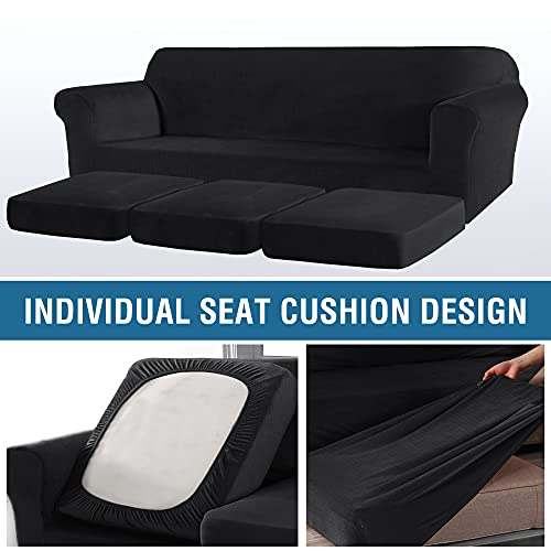 Thick Striped Velvet 4 Piece Stretch Sofa Covers Couch Covers for 3 Cushion Couch Sofa Slipcovers (Base Cover Plus 3 Large Cushion Covers) Feature Soft Stay in Place(3 Cushion: 96"-116", Black)