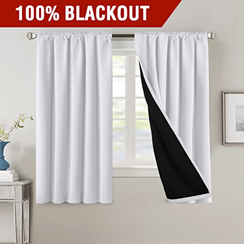 100% Blackout Curtains for Bedroom with Black Liner Full Room Darkening Curtains 63 Inches Long Thermal Insulated Back Tab/Rod Pocket Window Treatment Drapes for Living Room, Bleached White, 2 Panels