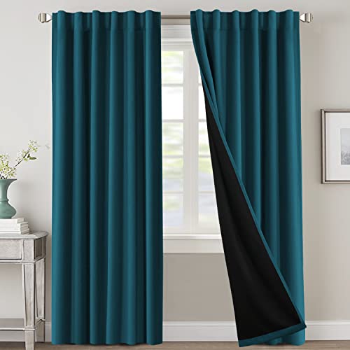 100% Blackout Curtains for Bedroom with Black Liner Full Room Darkening Curtains 84 Inches Long Thermal Insulated Back Tab/Rod Pocket Window Treatment Drapes for Living Room, Dark Teal, 2 Panels