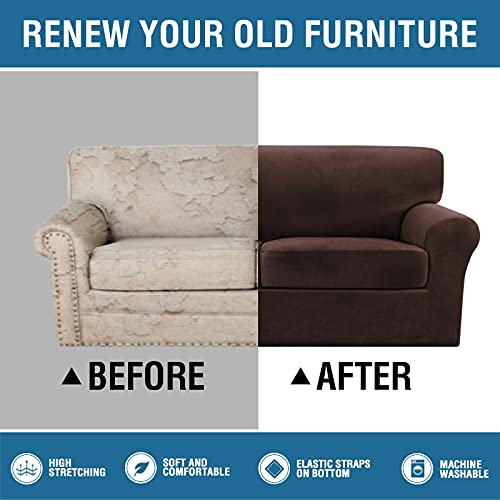 Thick Striped Velvet 3 Piece Stretch Sofa Covers Couch Covers for 2 Cushion Couch Sofa Slipcovers (Base Cover Plus 2 Large Cushion Covers) Feature Soft Stay in Place(2 Cushion: 72"-88", Chocolate)