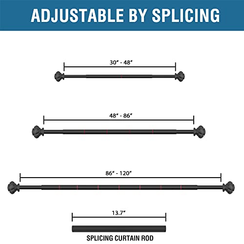 H.VERSAILTEX Window Curtain Rods for Windows 30 to 48 Inches Splicing Adjustable 3/4 Inch Diameter Single Window Curtain Rod Set with Decorative Ribbed Knob Finials, Black