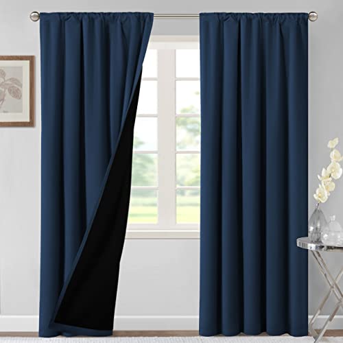 H.VERSAILTEX 100% Blackout Curtains for Bedroom Thermal Insulated Curtains & Drapes Blackout Curtains 84 Inches Long Rod Pocket Curtains for Living Room with Black Liner 2 Panels Set, Navy