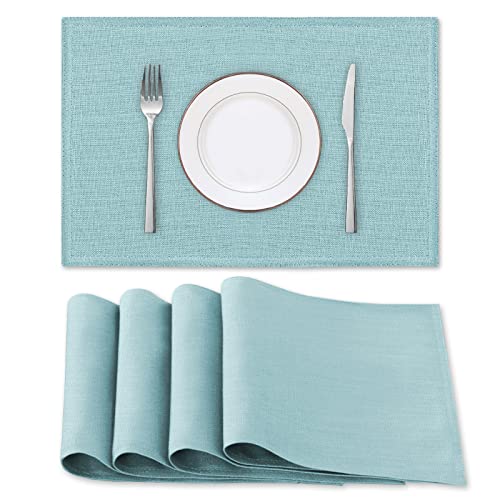 H.VERSAILTEX Linen Placemats Set of 4 Premium Solid Table Placemats for Dining Table Spill-Proof Waterproof Table Mats Heat-Resistant Kitchen Table Mats Washable, 12x18 inches, Aqua