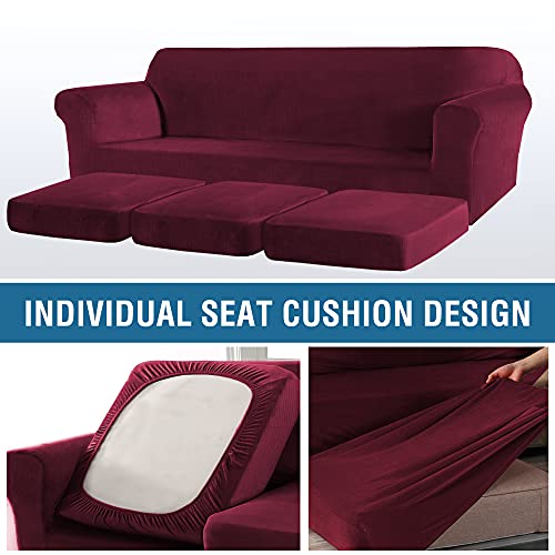 Thick Striped Velvet 4 Piece Stretch Sofa Covers Couch Covers for 3 Cushion Couch Sofa Slipcovers (Base Cover Plus 3 Large Cushion Covers) Feature Soft Stay in Place(3 Cushion: 96"-116", Burgundy)