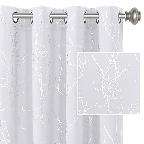 H.VERSAILTEX White Curtains for Bedroom Foil Print Twig Tree Branch Thermal Insulated Grommet Curtain Drapes Light Blocking Thick Soft Window Curtains for Living 52 x 54 Inch Pure White 2 Panels