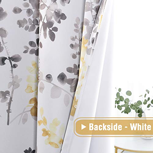 H.VERSAILTEX Blackout Curtains for Living Room Darkening Thermal Insulated Panels 54 Inch Long Light Blocking Gromment Curtains/Drapes, Grey and Yellow Vintage Classical Floral Printing, 2 Panels