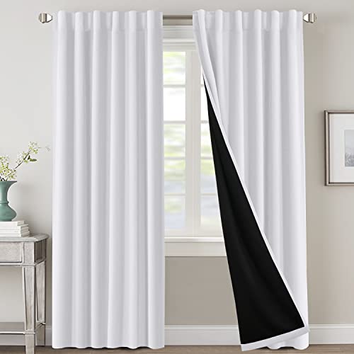 100% Blackout Curtains for Bedroom with Black Liner Full Room Darkening Curtains 84 Inches Long Thermal Insulated Back Tab/Rod Pocket Window Treatment Drapes for Living Room, Pure White, 2 Panels