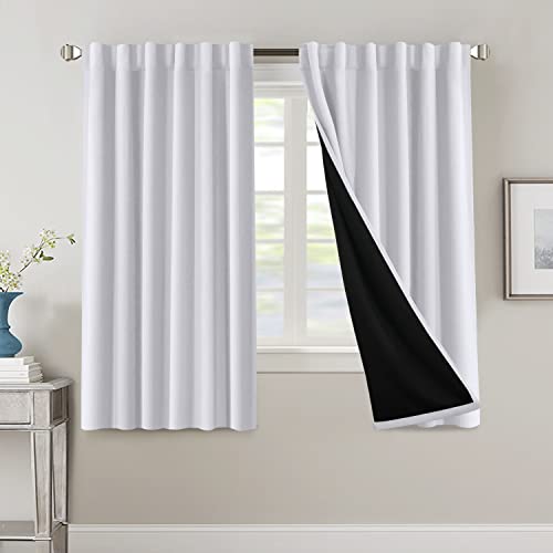 100% Blackout Curtains for Bedroom with Black Liner Full Room Darkening Curtains 63 Inches Long Thermal Insulated Back Tab/Rod Pocket Window Treatment Drapes for Living Room, Bleached White, 2 Panels