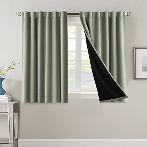 100% Blackout Curtains for Bedroom with Black Liner Full Room Darkening Curtains 45 Inches Long Thermal Insulated Back Tab/Rod Pocket Window Treatment Drapes for Living Room, Sage, 2 Panels