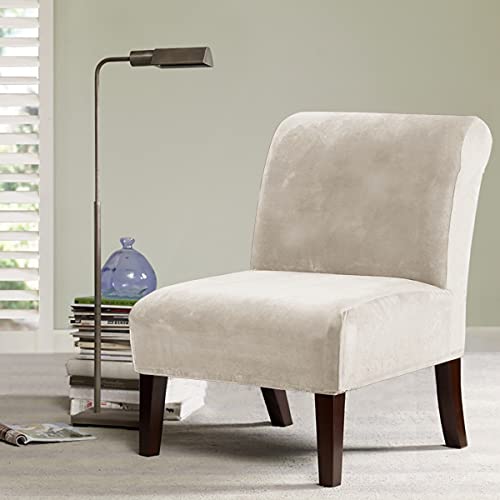 Velvet Accent Chair Covers High Stretch Armless Chair Covers for Living Room Luxury Thick Velvet Chair Slipcovers Modern Furniture Protector with Elastic Bottom, Machine Washable, Ivory