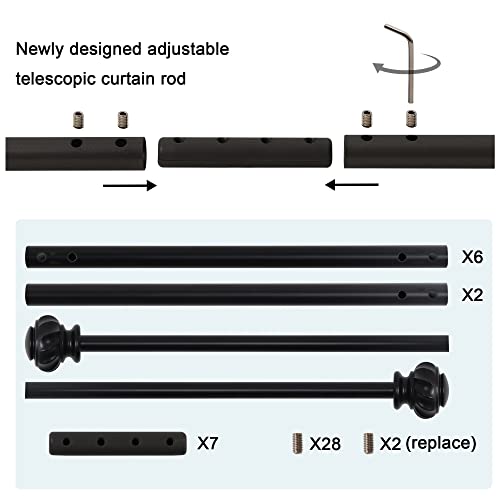 H.VERSAILTEX Window Curtain Rods for Windows 86 to 120 Inches Splicing Adjustable 3/4 Inch Diameter Single Window Curtain Rod Set with Decorative Ribbed Knob Finials, Black