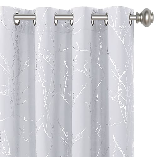 H.VERSAILTEX Blackout Curtains for Bedroom Foil Print Twig Tree Branch Thermal Insulated Grommet Curtain Drapes Light Blocking Thick Soft Window Curtains for Living 52 x 63 Inch Greyish White 2 Panels