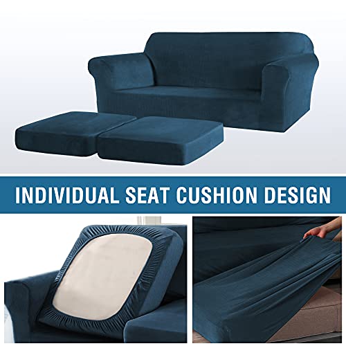 Thick Striped Velvet 3 Piece Stretch Sofa Covers Couch Covers for 2 Cushion Couch Sofa Slipcovers (Base Cover Plus 2 Large Cushion Covers) Feature Soft Stay in Place(2 Cushion: 72"-88", Navy)