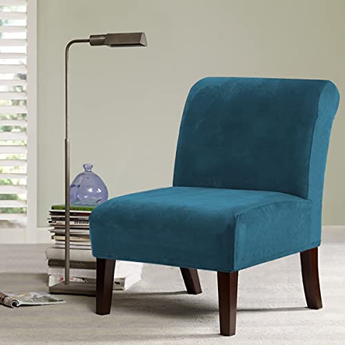 Velvet Accent Chair Covers High Stretch Armless Chair Covers for Living Room Luxury Thick Velvet Chair Slipcovers Modern Furniture Protector with Elastic Bottom, Machine Washable, Peacock Blue