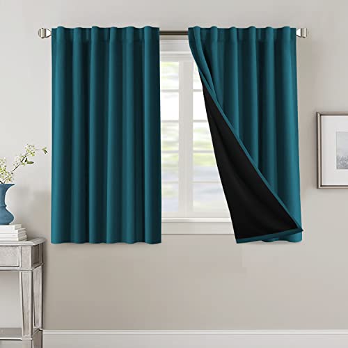 100% Blackout Curtains for Bedroom with Black Liner Full Room Darkening Curtains 45 Inches Long Thermal Insulated Back Tab/Rod Pocket Window Treatment Drapes for Living Room, Dark Teal, 2 Panels