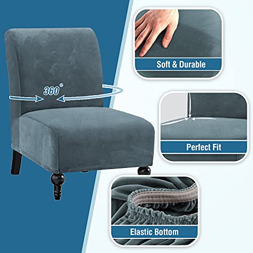 Armless Chair Slipcover Thick Striped Velvet Accent Chair Cover for Living Room High Stretch Slipper Chair Slipcover Removable Furniture Protector with Elastic Bottom, Machine Washable, Stone Blue