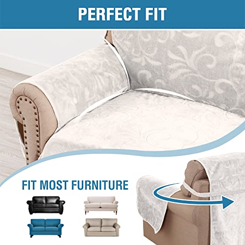 Sofa Slipcover 100% Waterproof Sofa Cover Couch Cover Premium Velvet Classic Flower Pattern Furniture Protector Non Slip with Elastic Straps for Pets Dogs Width Up to 52 Inch (Medium Sofa, Ivory)