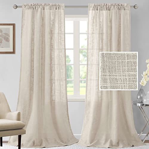 H.VERSAILTEX Linen Curtains 96 inches Long Natural Linen Blended Curtains for Living Room Burlap Linen Textured Curtains Light Filtering Rod Pocket Curtains Bedroom Curtains 2 Panel Sets, Ivory