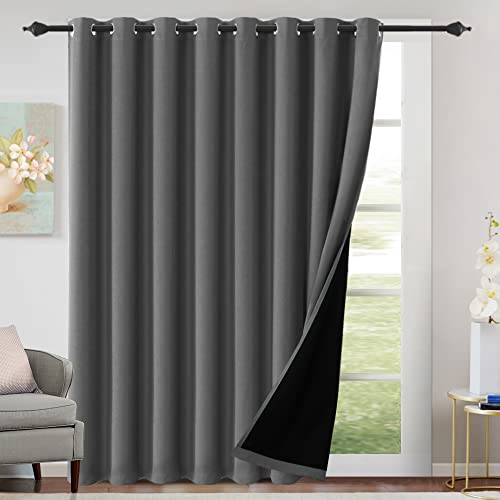 H.VERSAILTEX 100% Blackout Patio Curtains Thermal Insulated Curtains for Sliding Door Extra Wide Window Panels Full Light Blocking Grommet Curtains with Black Liner, W100 x L84 inch - Grey