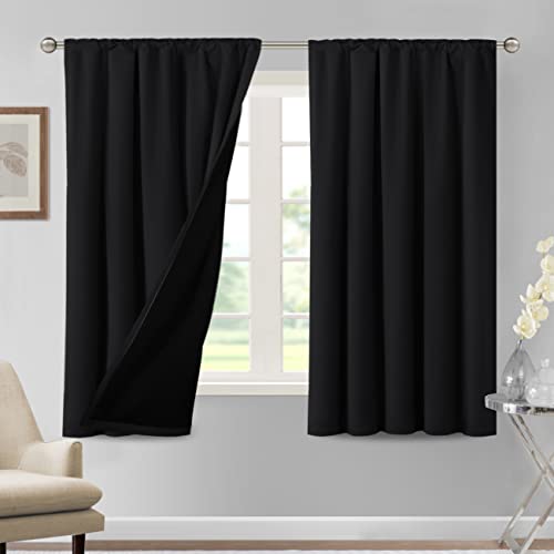 H.VERSAILTEX 100% Blackout Curtains for Bedroom Thermal Insulated Curtains & Drapes Blackout Curtains 63 Inches Long Rod Pocket Curtains for Living Room with Black Liner 2 Panels Set, Jet Black