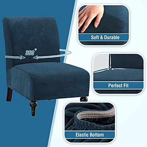 Armless Chair Slipcover Thick Striped Velvet Accent Chair Cover for Living Room High Stretch Slipper Chair Slipcover Removable Furniture Protector with Elastic Bottom, Machine Washable, Navy