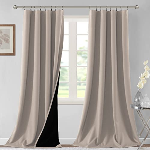 H.VERSAILTEX 100% Blackout Curtains for Bedroom Thermal Insulated Curtains & Drapes Blackout Curtains 96 Inches Long Rod Pocket Curtains for Living Room with Black Liner 2 Panels Set, Natural Sand