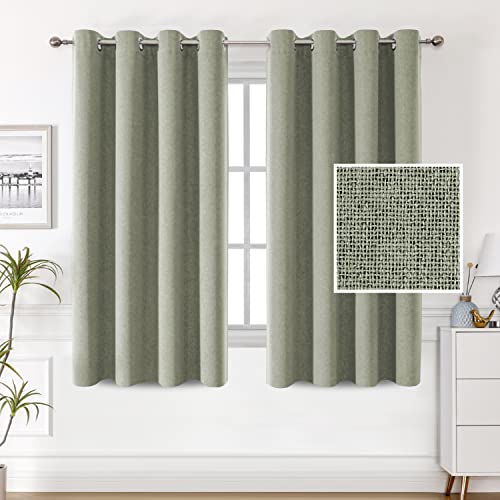 100% Blackout Linen Curtains 54 inches Long Thermal Curtains for Living Room Textured Burlap Curtains with Double Face Linen Grommet Soundproof Bedroom Curtains 52 x 54 Inch, 2 Panels - Sage