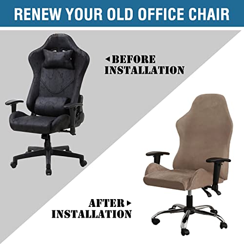 2 Piece Velvet Gaming Chair Covers Stretchable Game Chair Cover Protector Computer Chair Cover Computer Reclining Racing Ruffled Gamer Chair Protector Rotating Armchair Covers Without Chair (Taupe)