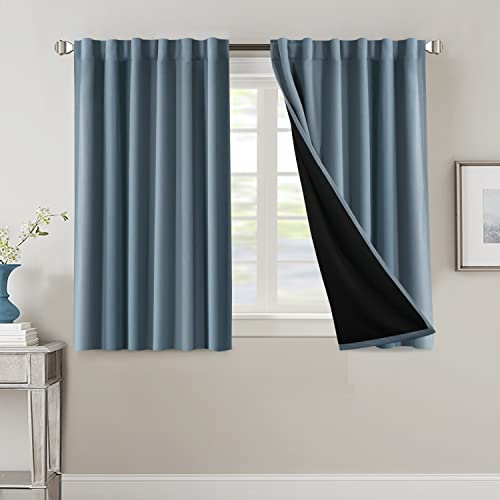 100% Blackout Curtains for Bedroom with Black Liner Full Room Darkening Curtains 45 Inches Long Thermal Insulated Back Tab/Rod Pocket Window Treatment Drapes for Living Room, Stone Blue, 2 Panels