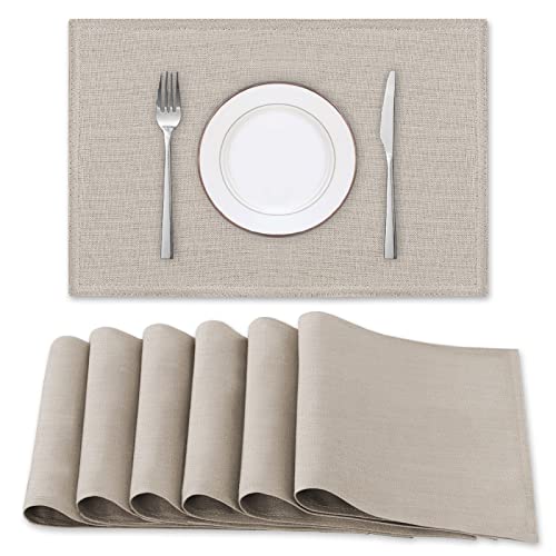 H.VERSAILTEX Linen Placemats Set of 6 Premium Solid Table Placemats for Dining Table Spill-Proof Waterproof Table Mats Heat-Resistant Kitchen Table Mats Washable, 12x18 inches, Taupe