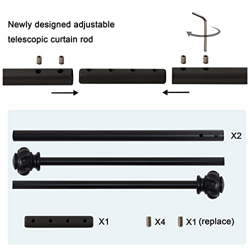 H.VERSAILTEX Window Curtain Rods for Windows 30 to 48 Inches Splicing Adjustable 3/4 Inch Diameter Single Window Curtain Rod Set with Decorative Ribbed Knob Finials, Black