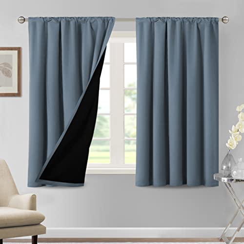 H.VERSAILTEX 100% Blackout Curtains for Bedroom Thermal Insulated Curtains & Drapes Blackout Curtains 54 Inches Long Rod Pocket Curtains for Living Room with Black Liner 2 Panels Set, Stone Blue